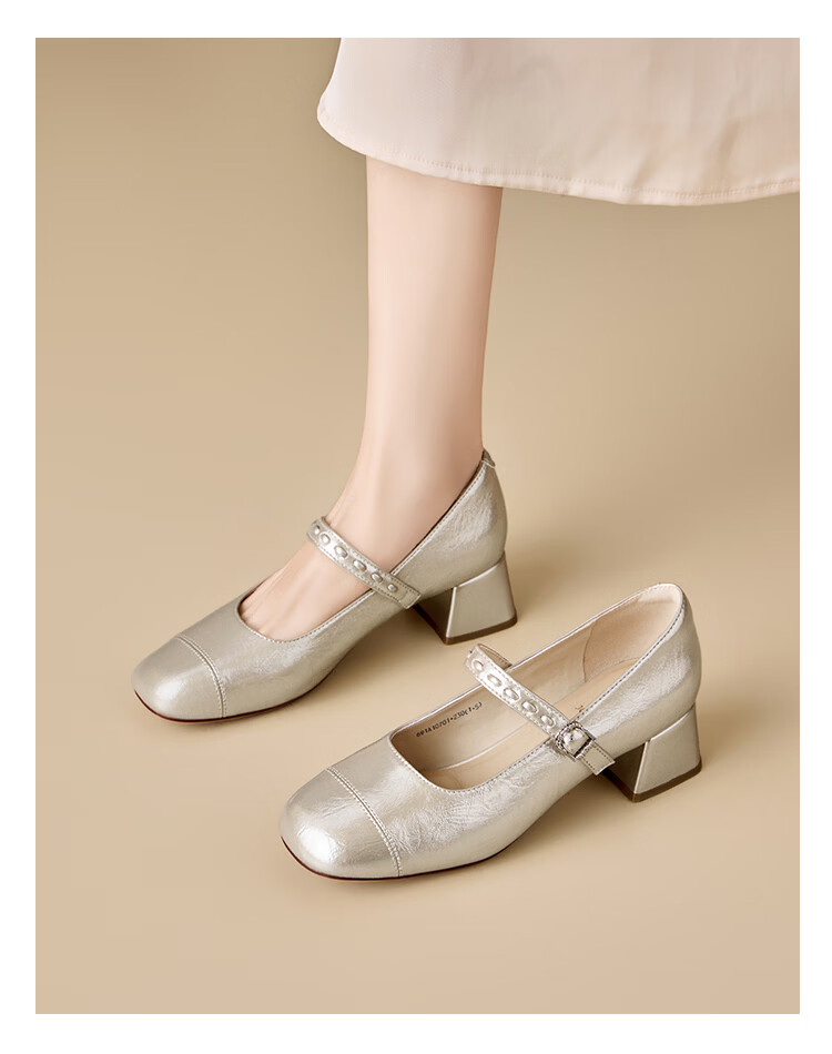 Zhuoshini Women's French Mary Jane Shoes 2026 Spring New Thick Heel Elegant Skirt Matching Low-Cut Flats Off-White Size 38 11