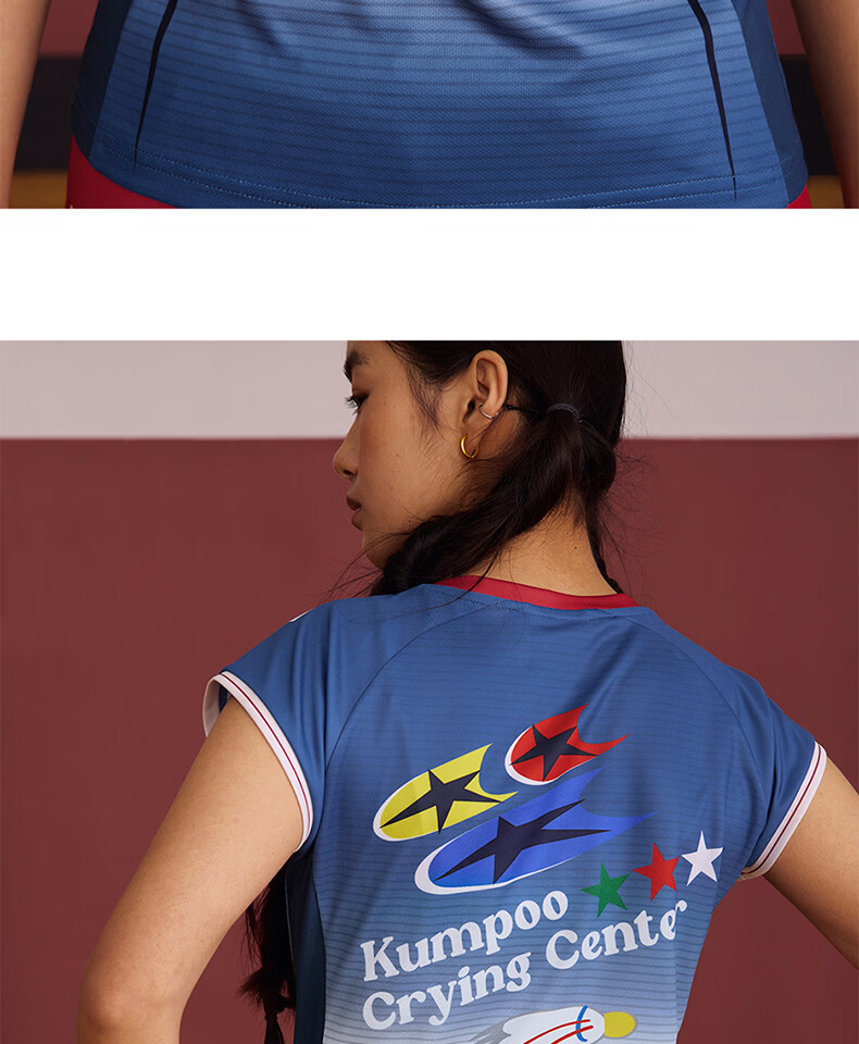 KUMPOO (KUMPOU) Badminton Shirt for Women, Short-Sleeved Quick-Dry Sports Jersey, Collaboration with Crying Center, Competition Uniform ACT261608-Blue 2XL 46