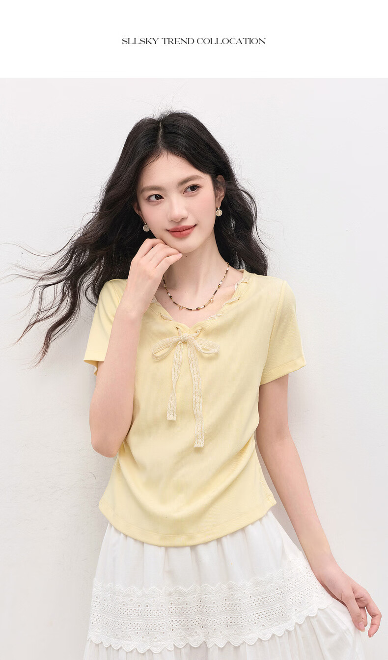 Sllsky Yellow Bow Tie V-Neck Short Sleeve T-Shirt Summer Women's Stylish Waist-Cinching Top 17