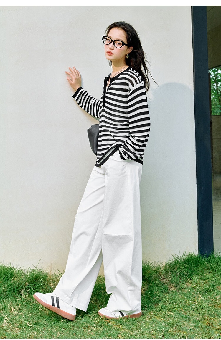 Inman [Linen Tencel] Henry Collar Striped Knit Top Summer New Women's Nautical Style Pullover Klein Blue M 24