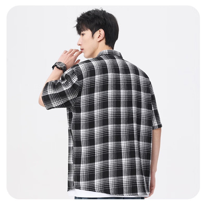 Woodpecker Casual Versatile Plaid Shirt Men 2026 Summer Trendy Ins Thin Loose Short Sleeve Top Black M 14
