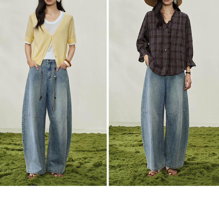 Giordano Designer 2026 Summer Retro Style Semi-Elastic Waist Wide-Leg Curved Hem Jeans for Women 18416206 7