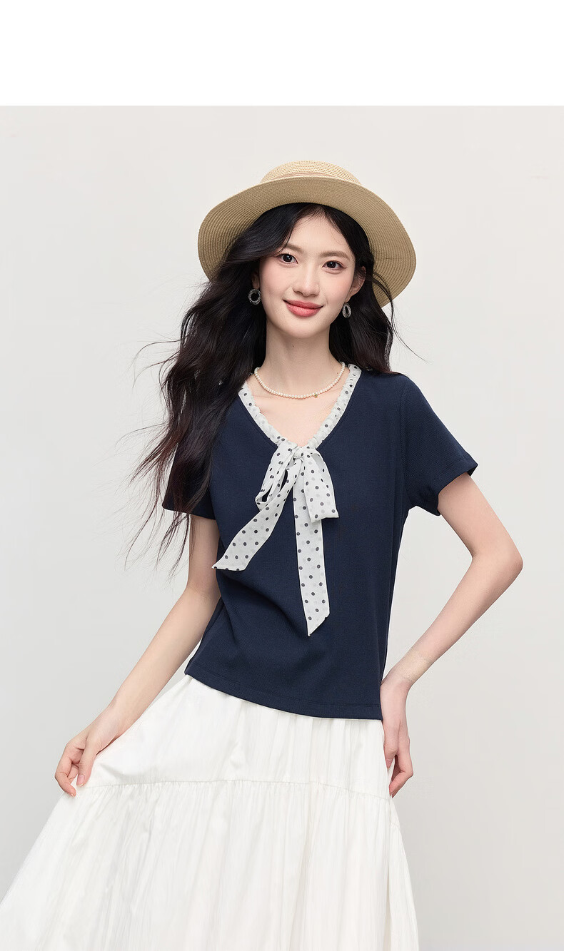 Sllsky Polka Dot Bow Tie V-Neck T-Shirt for Women 2026 Summer New Fashion Casual Short Sleeve Top 17