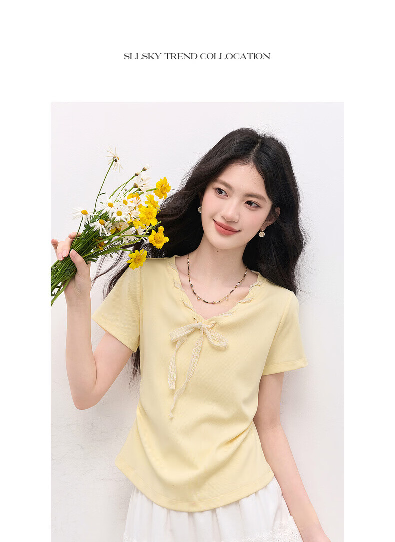Sllsky Yellow Bow Tie V-Neck Short Sleeve T-Shirt Summer Women's Stylish Waist-Cinching Top 15