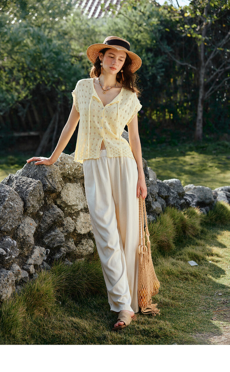 Olrain Summer New Round Neck Tie Single-Breasted Hollow Jacquard Knit Cardigan Women Top Yellow S 12