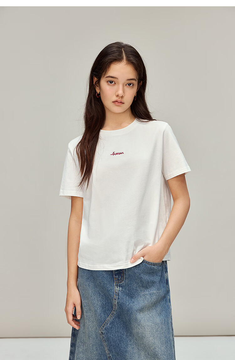 INMAN Classic Cotton Embroidered Crew Neck Short Sleeve T-Shirt Spring 2026 Women's Casual Basic Pearl White M 7