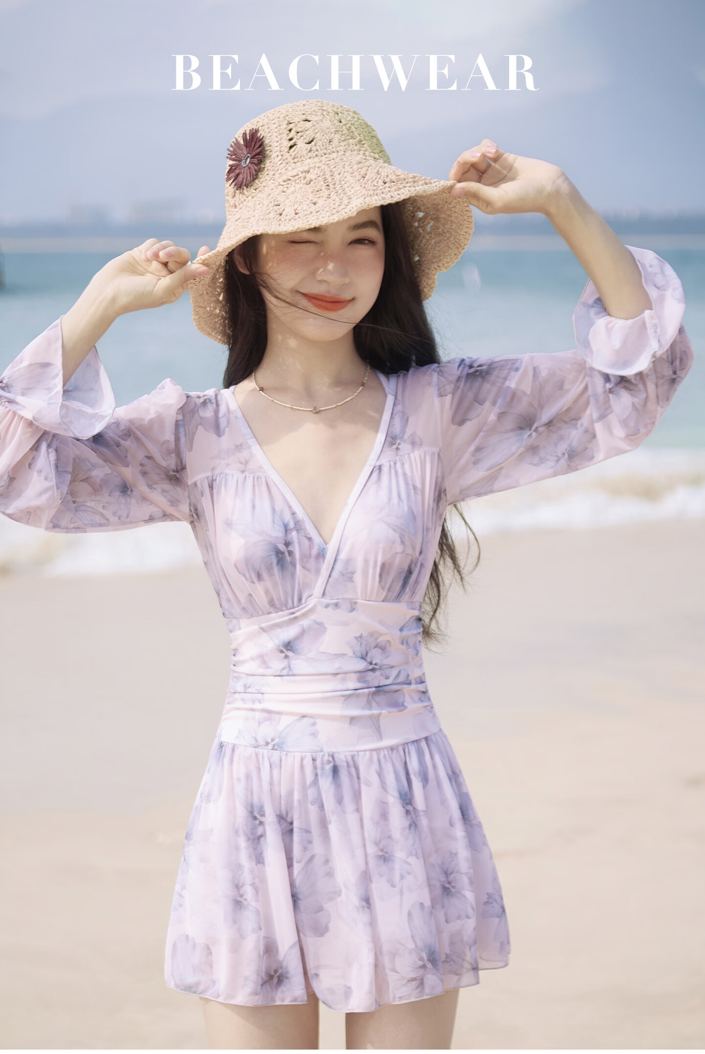 Sanqi Women's One-Piece Swimsuit Skirt Style V-Neck Tummy Control Slimming Vacation Hot Spring Long Sleeve Plus Size Fairy Style Swimwear 2XL 1