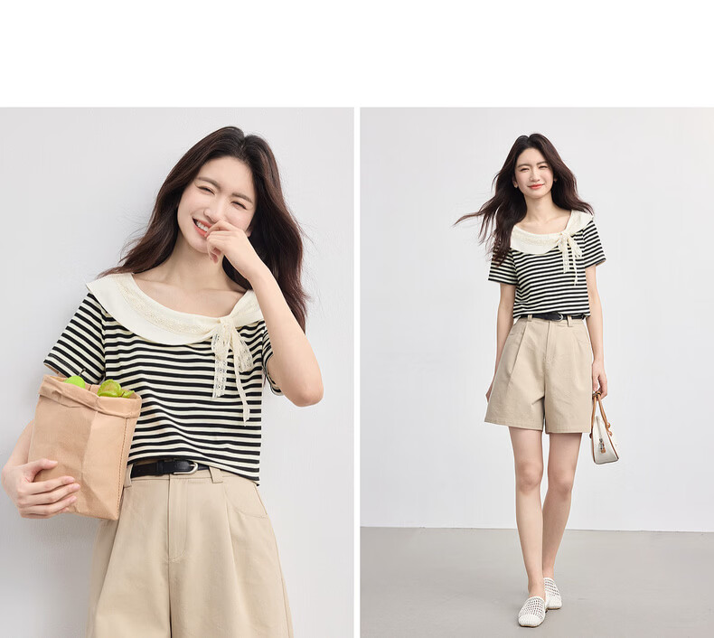 Sllsky French Lace Bow Striped Short Sleeve T-Shirt Women 2026 Summer Boutique Doll Shirt Top 14