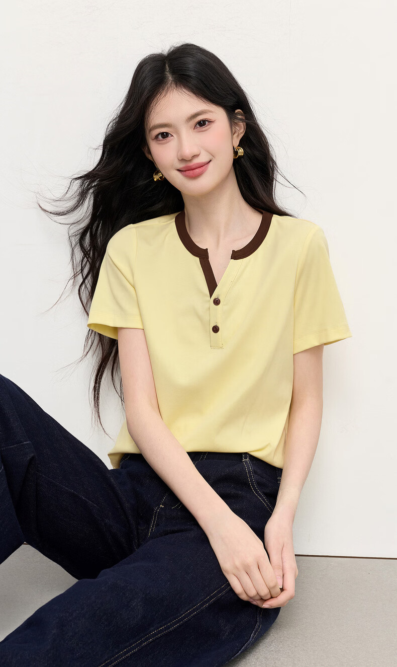 Sllsky Women's Short Sleeve T-Shirt 2026 Summer New Fashion Casual Colorblock Henley Neck Youthful Top 5