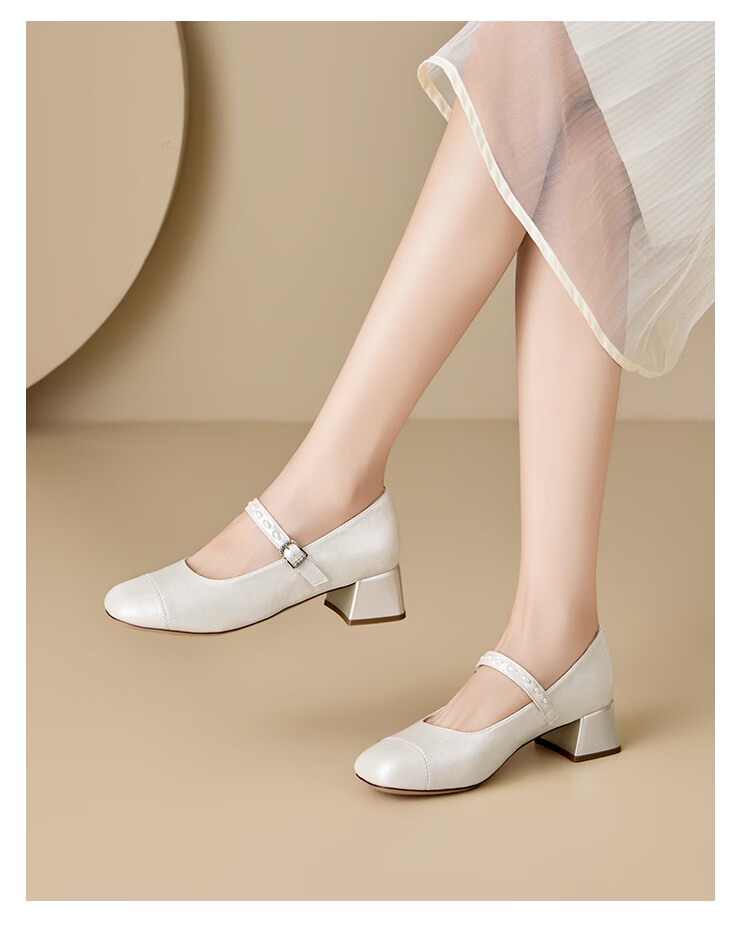 Zhuoshini Women's French Mary Jane Shoes 2026 Spring New Thick Heel Elegant Skirt Matching Low-Cut Flats Off-White Size 38 13