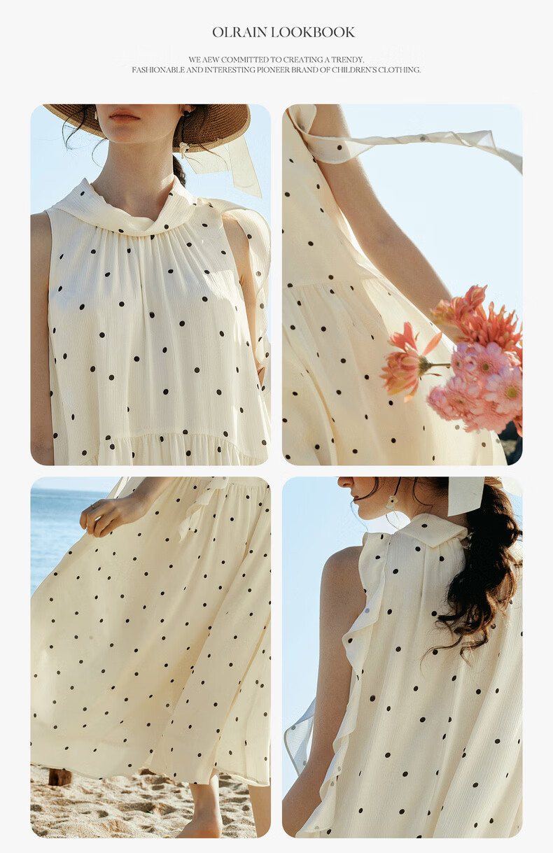 Olrain French Style Polka Dot Ruffled Neck Tie Loose Sleeveless Long Dress for Women, Polka Dot, Size S 6