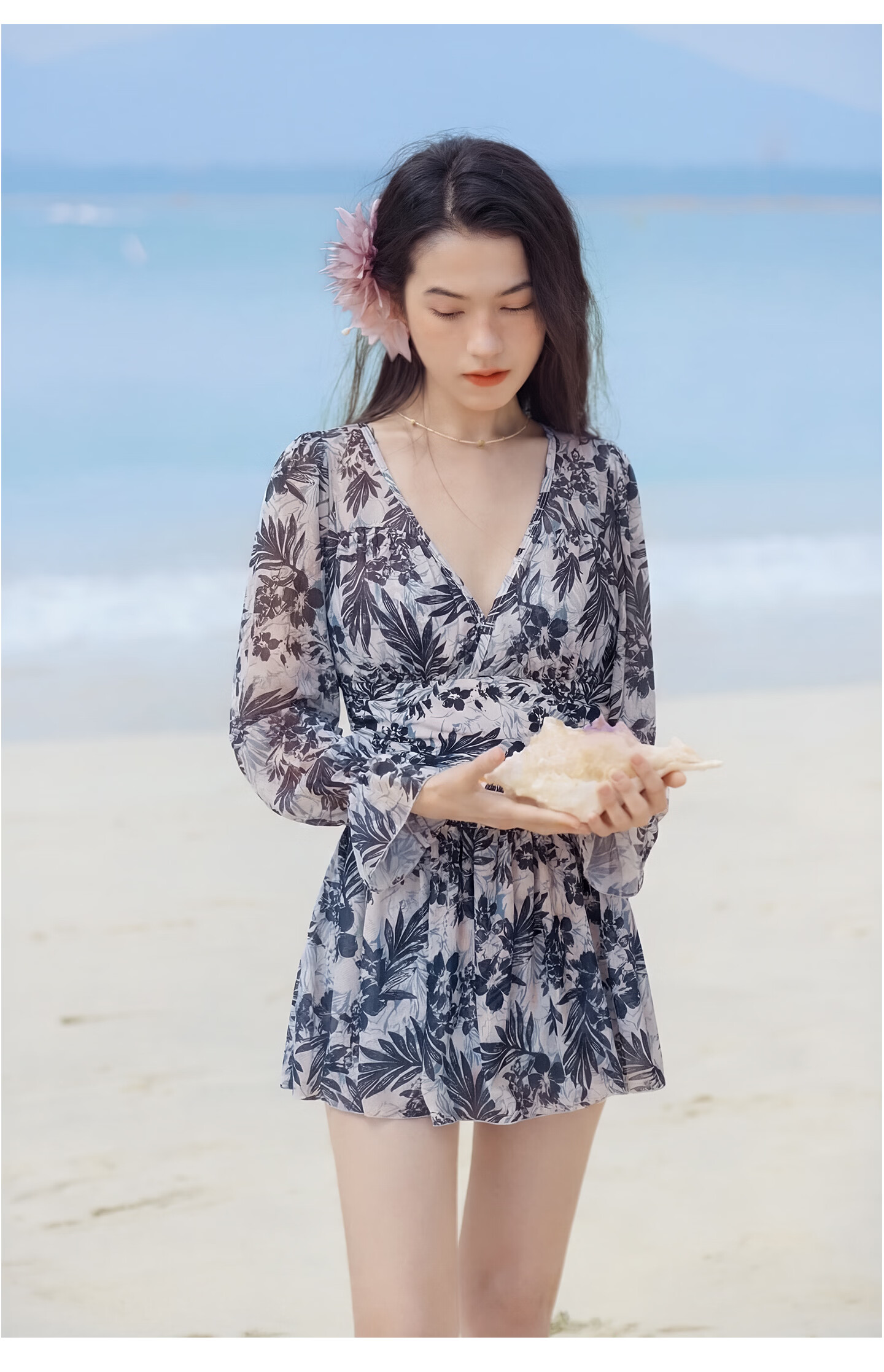 Sanqi Women's One-Piece Swimsuit Skirt Style V-Neck Tummy Control Slimming Vacation Hot Spring Long Sleeve Plus Size Fairy Style Swimwear 2XL 24