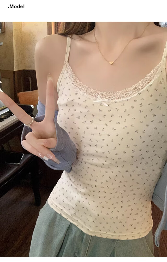 Xueqiman Floral Print Lace Cami Top with Built-in Bra, Sweet Slim Fit Spring Summer Tank Top for Women, Lightweight Layering or Outerwear 3