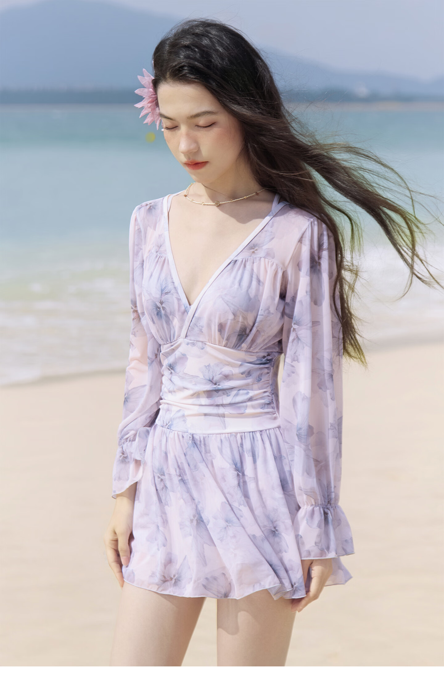 Sanqi Women's One-Piece Swimsuit Skirt Style V-Neck Tummy Control Slimming Vacation Hot Spring Long Sleeve Plus Size Fairy Style Swimwear 2XL 12