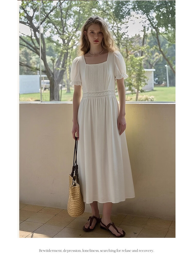 Olrain Lace Short Sleeve Square Neck Dress Summer Women's French Country Mid-Length Dress Off-White M 18