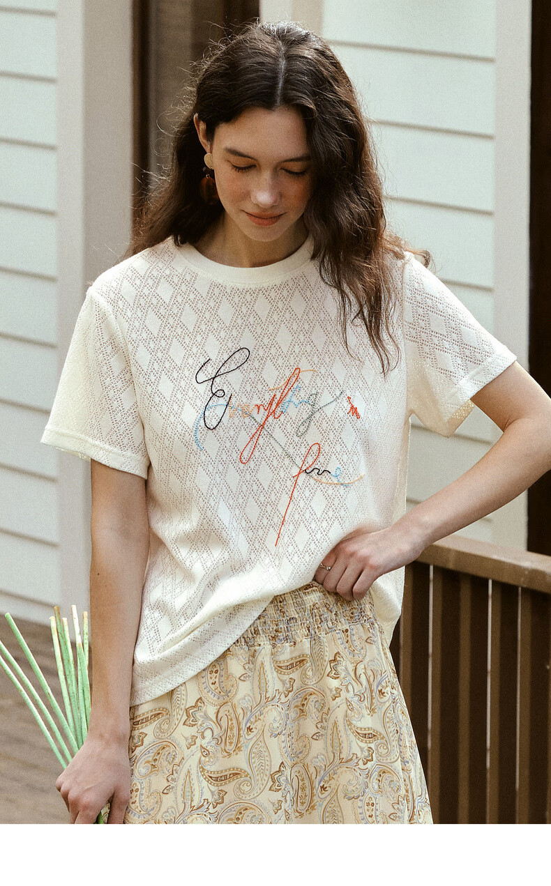 Olrain Summer New Round Neck Textured Hollow Jacquard Embroidered Short Sleeve Knit T-Shirt Women Off-White M 9