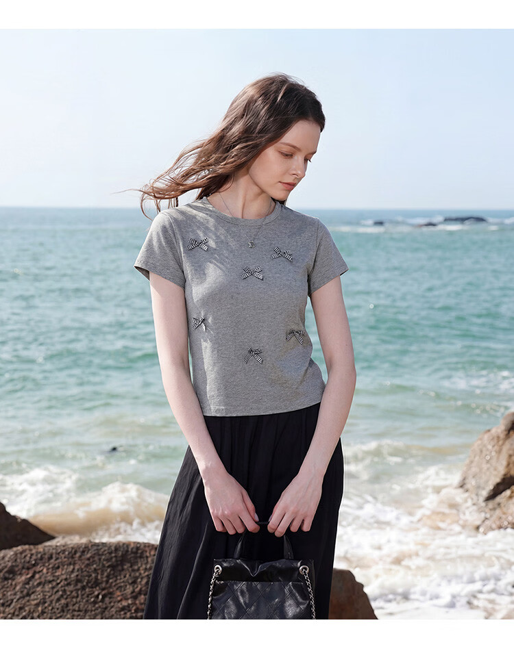 TonLion 2026 Summer New Short Sleeve T-Shirt for Women Black Bow Design Casual Early Spring Youthful Style 17