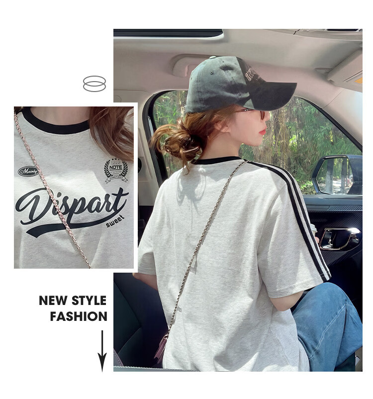 TonLion 2026 Summer New Women's Short Sleeve T-Shirt American Style Fashion Pure Cotton Gray Patchwork Unique Design Top 5