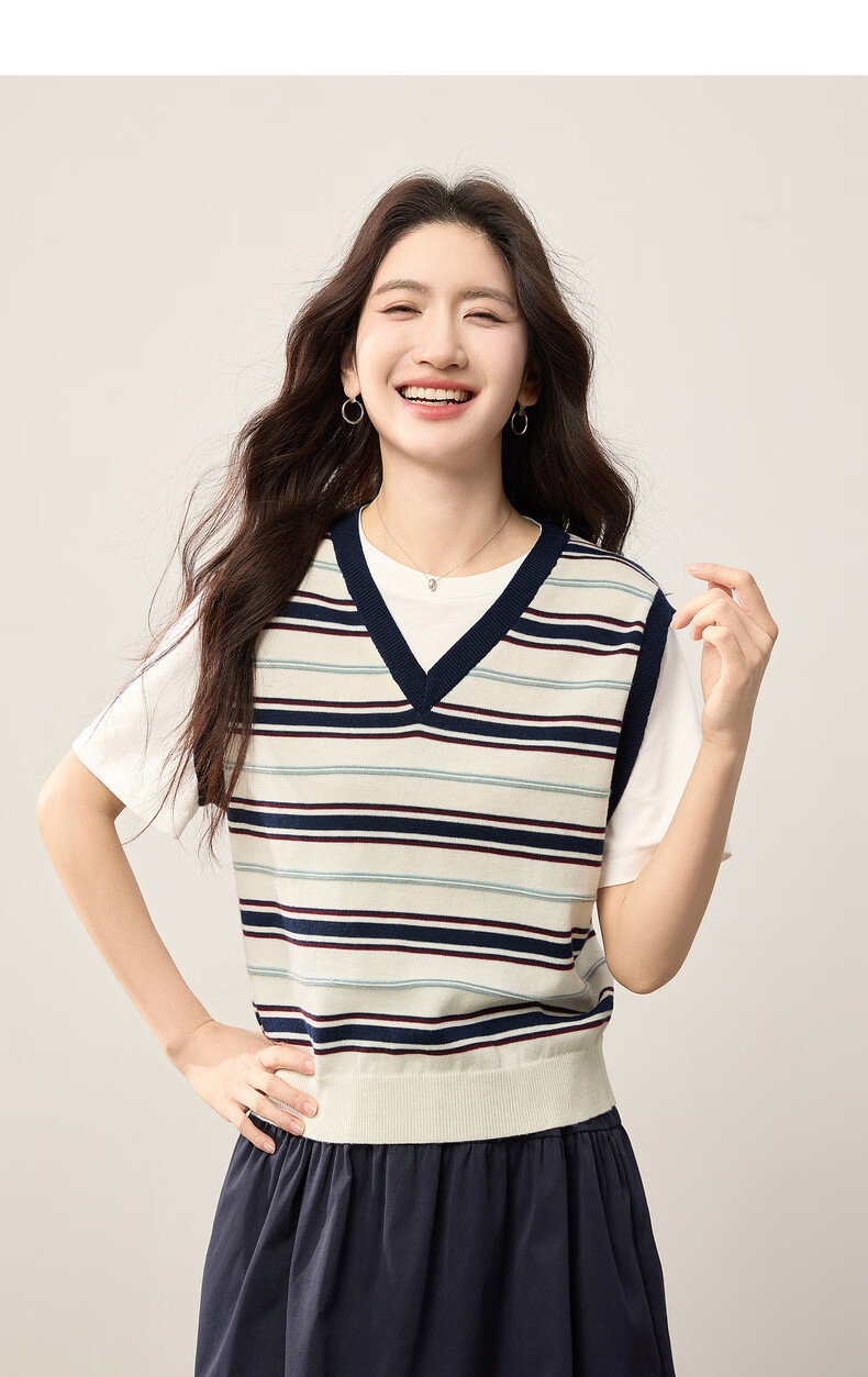 Sllsky College Style Colorblock Striped Patchwork Faux Two-Piece Wool Short Sleeve Knit Top Women 2026 Summer New Arrival 14