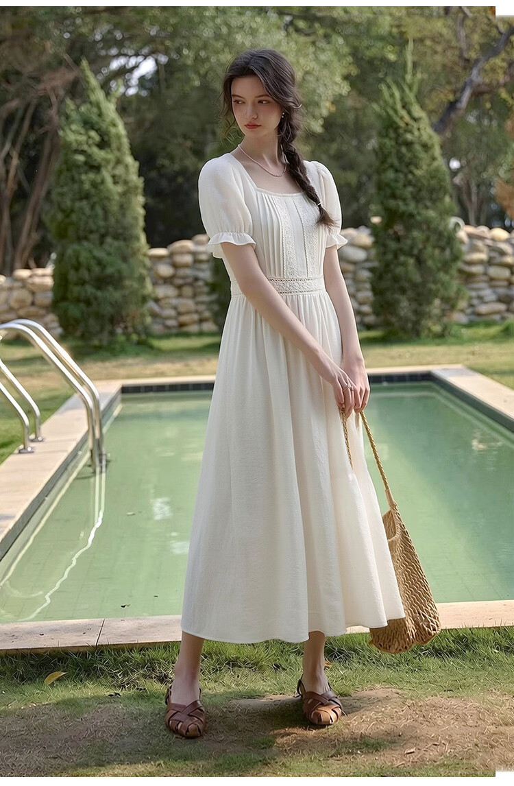 Olrain Lace Short Sleeve Square Neck Dress Summer Women's French Country Mid-Length Dress Off-White M 17