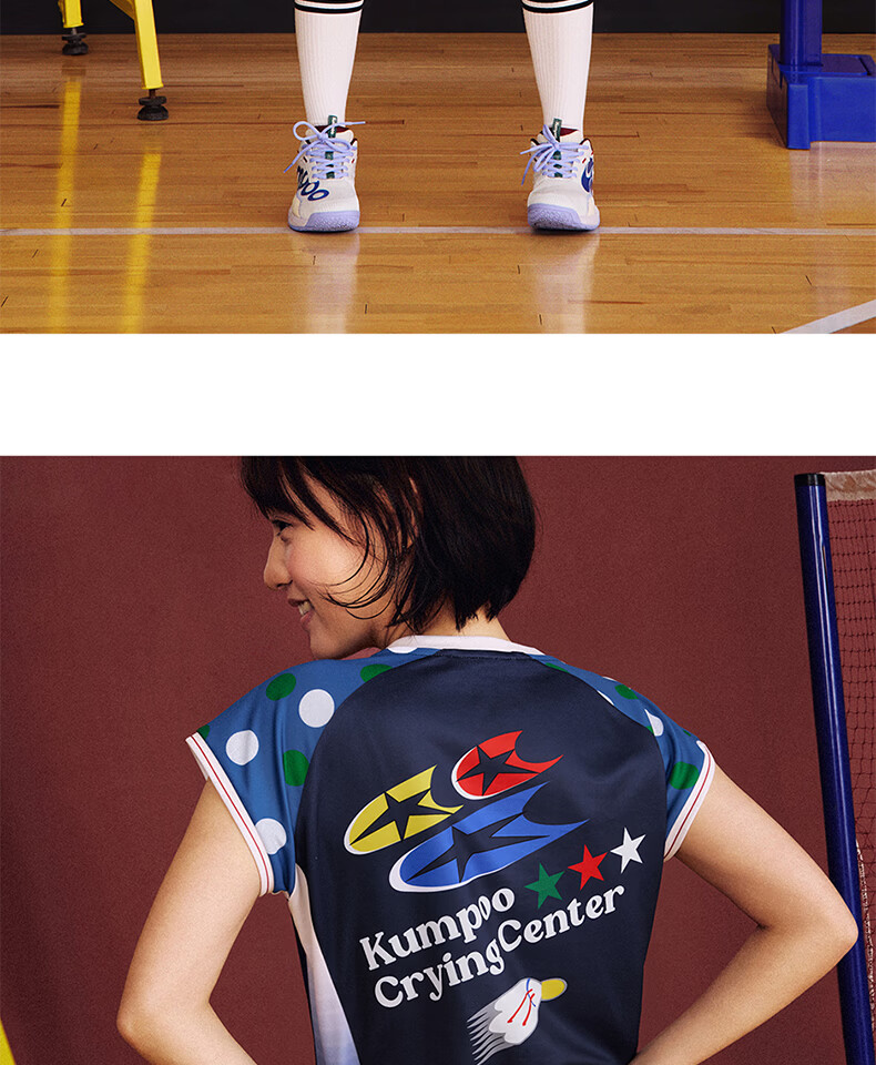 KUMPOO (KUMPOU) Badminton Shirt for Women, Short-Sleeved Quick-Dry Sports Jersey, Collaboration with Crying Center, Competition Uniform ACT261608-Blue 2XL 42