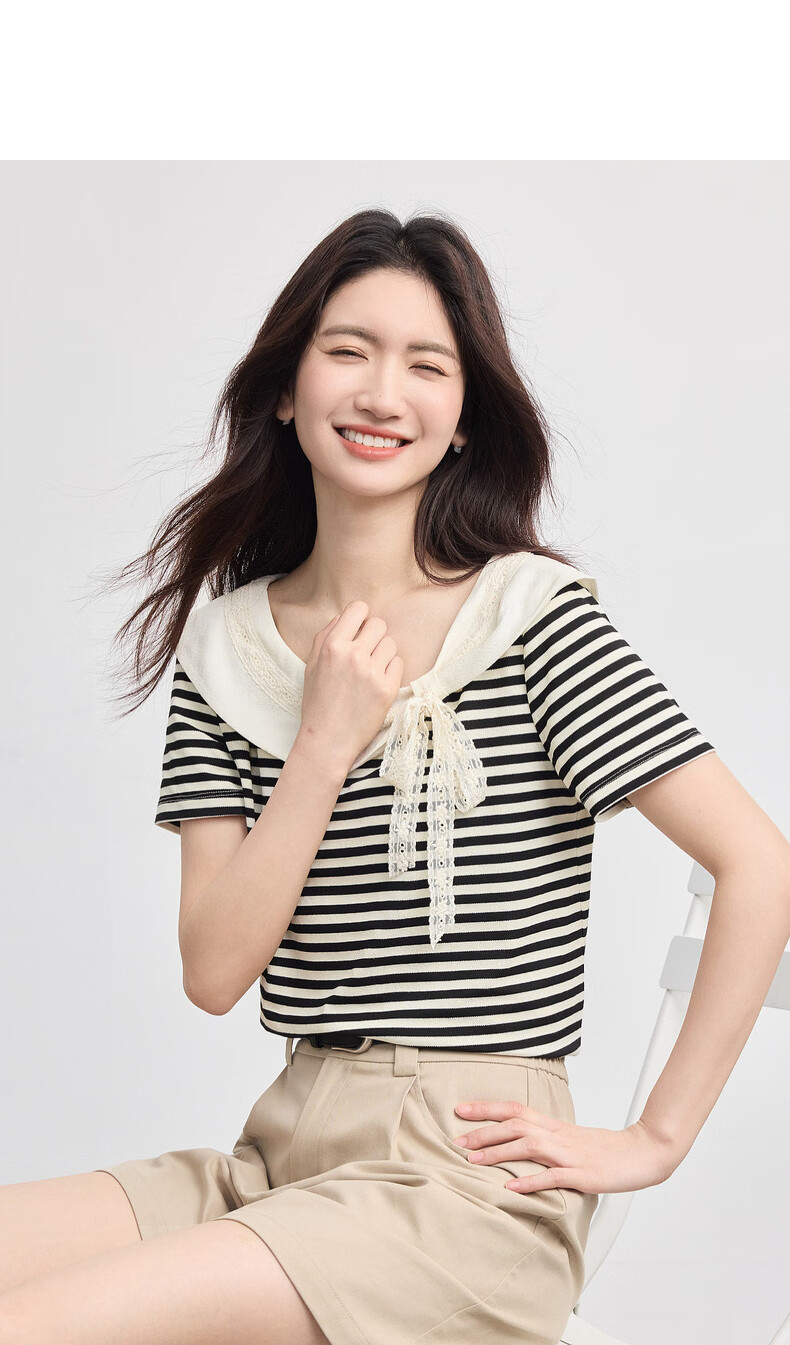 Sllsky French Lace Bow Striped Short Sleeve T-Shirt Women 2026 Summer Boutique Doll Shirt Top 16