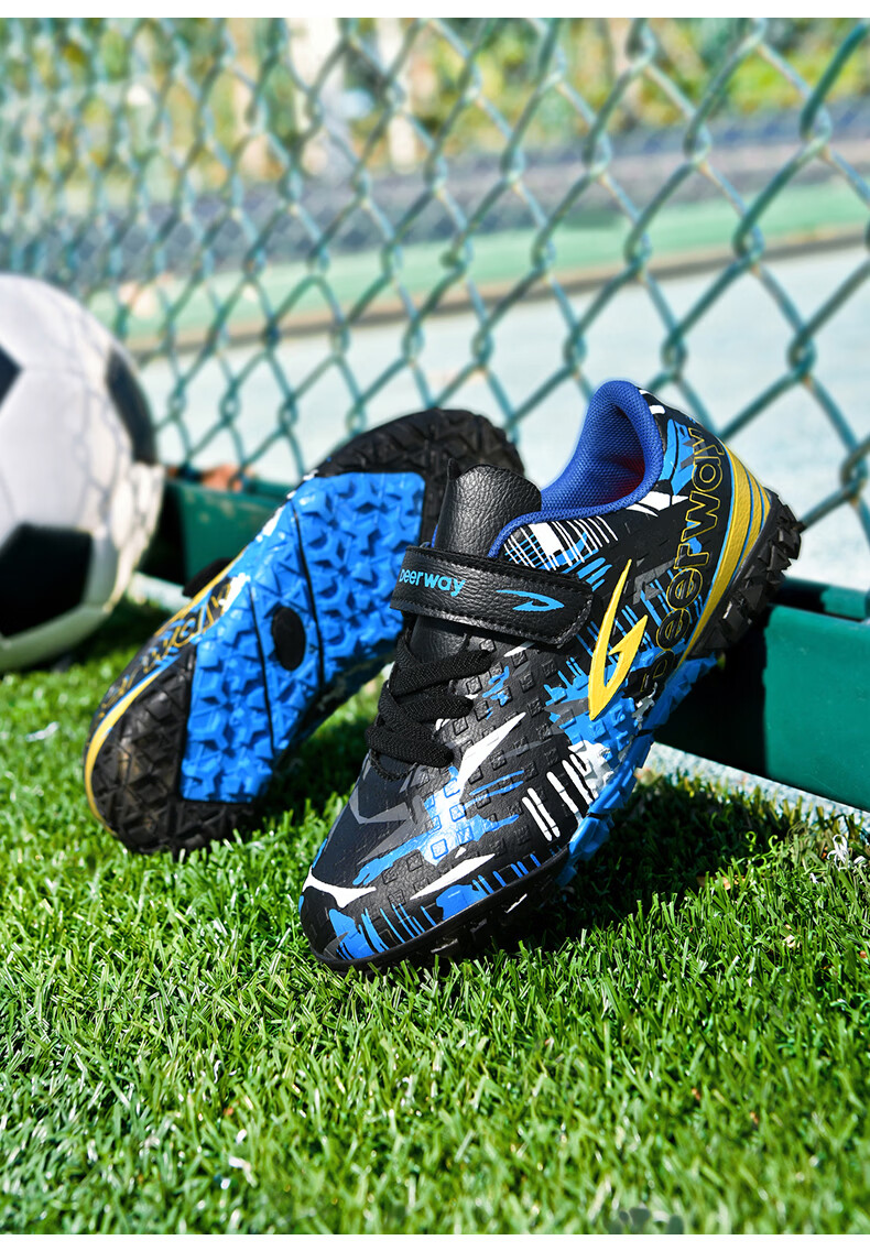 Delhui Kids Soccer Shoes TF Turf Studs 6-12 Years Old Slip-On School Grass Football Training Black Blue Yellow Size 32 18