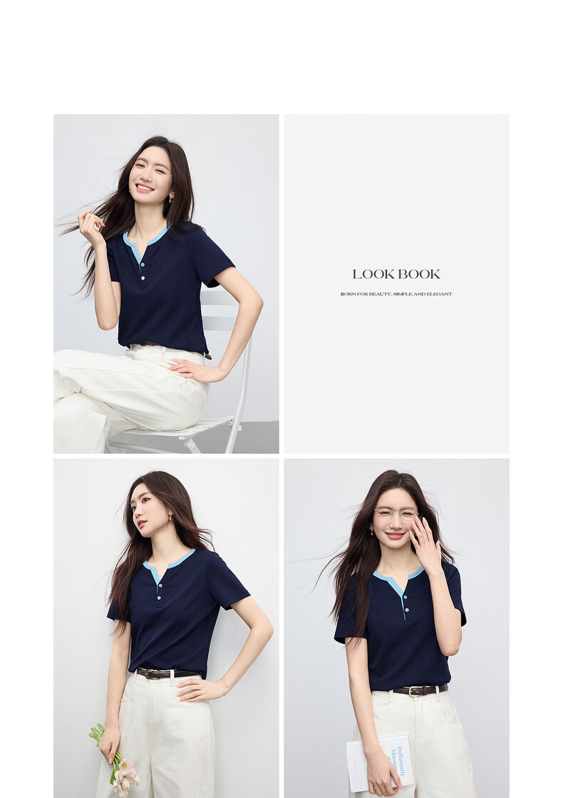 Sllsky Women's Short Sleeve T-Shirt 2026 Summer New Fashion Casual Colorblock Henley Neck Youthful Top 21