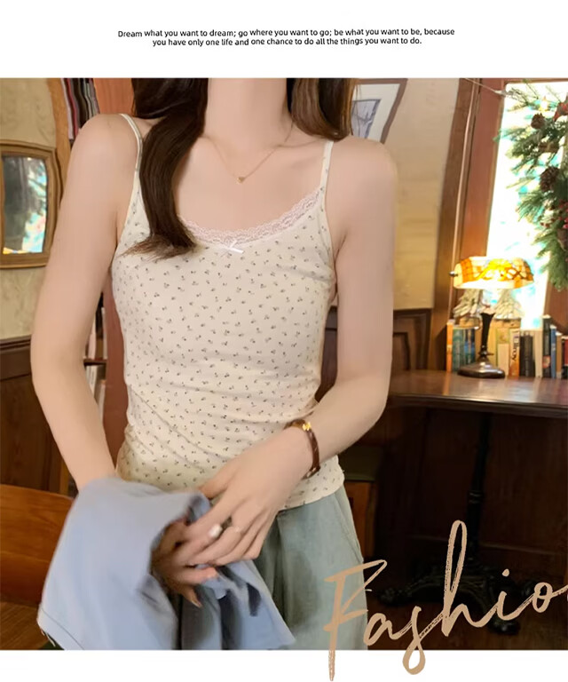 Xueqiman Floral Print Lace Cami Top with Built-in Bra, Sweet Slim Fit Spring Summer Tank Top for Women, Lightweight Layering or Outerwear 7