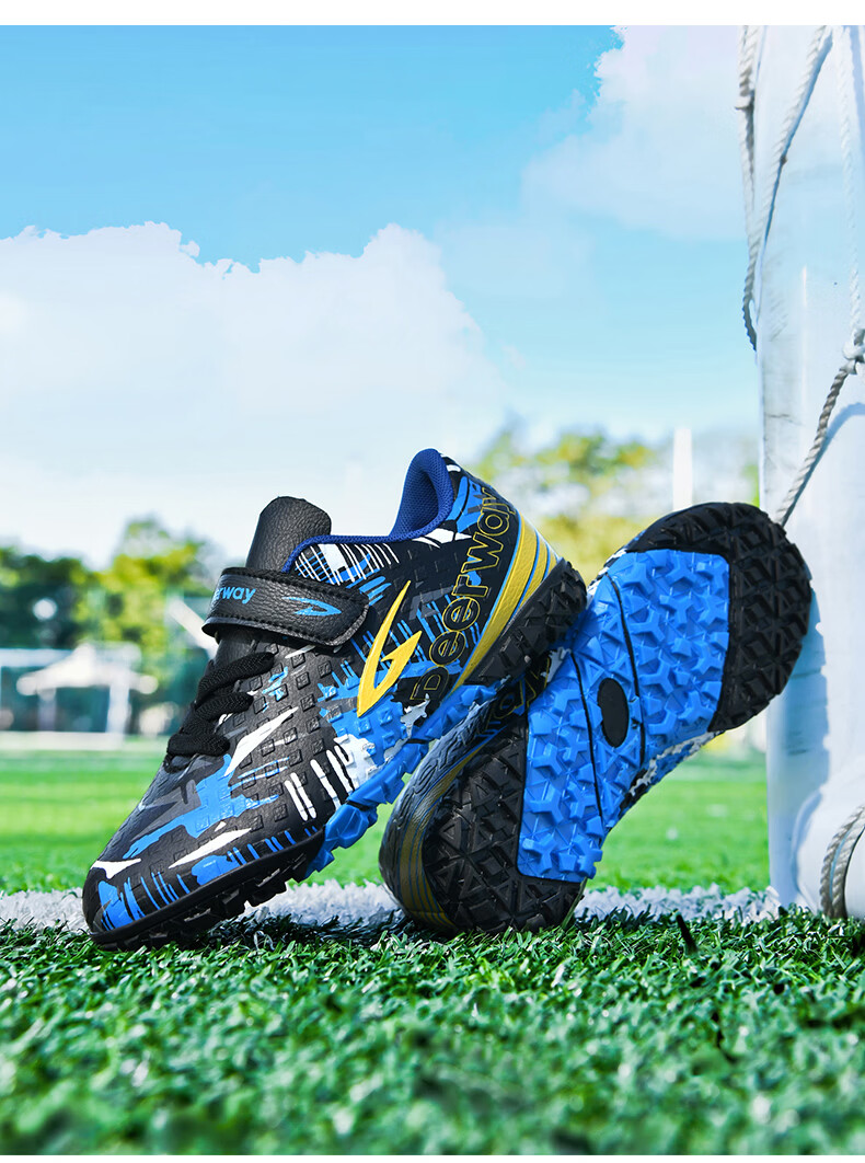 Delhui Kids Soccer Shoes TF Turf Studs 6-12 Years Old Slip-On School Grass Football Training Black Blue Yellow Size 32 21