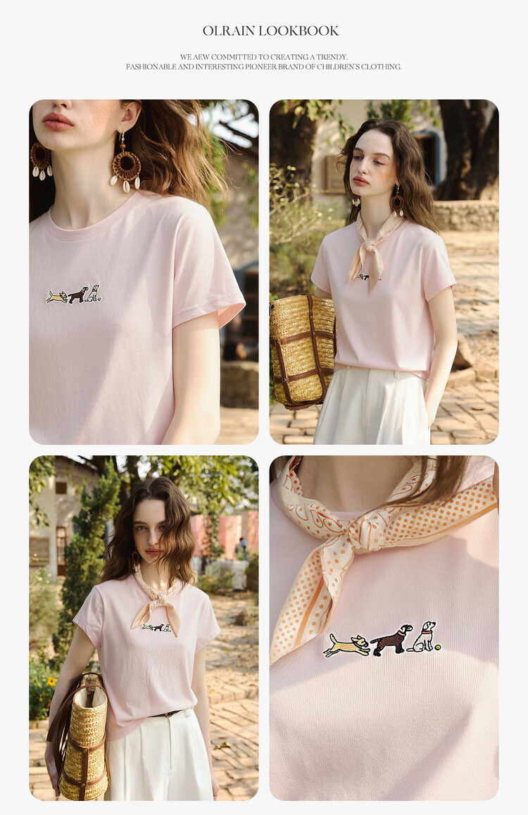 Olrain Summer Women's Casual Commuting 3D Dog Embroidery Pure Cotton Short Sleeve T-Shirt Pink XL 6