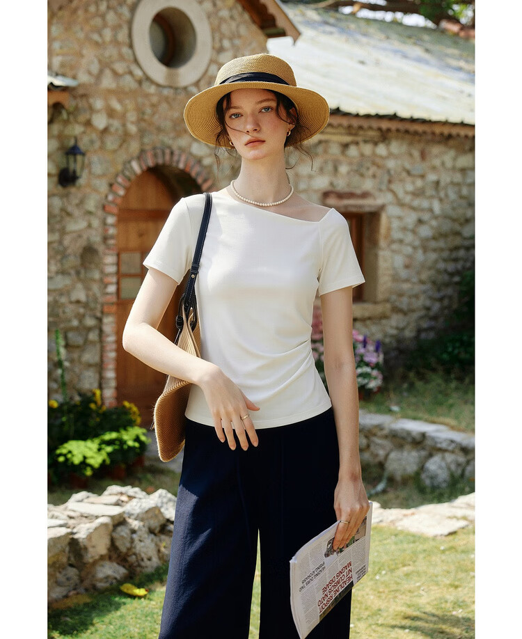 Olrain Eurielle French Lenzing Summer New Irregular Waist Slimming Commuter Short Sleeve T-Shirt Women Top Coffee Color S 13