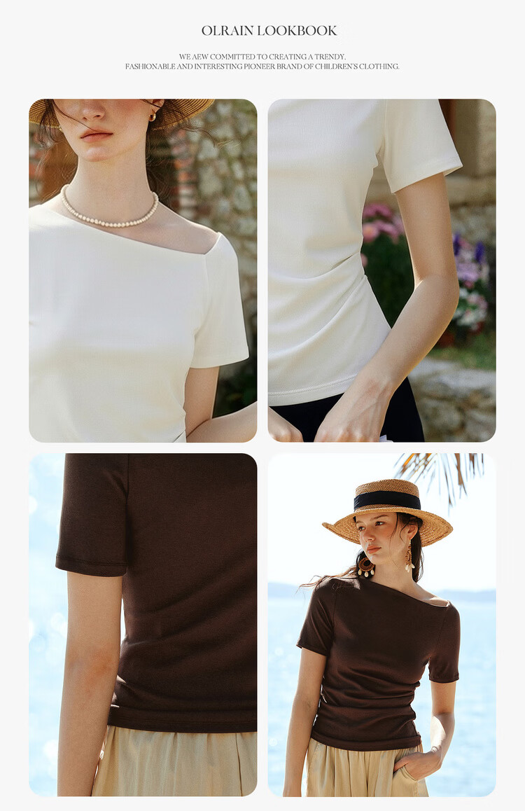 Olrain Eurielle French Lenzing Summer New Irregular Waist Slimming Commuter Short Sleeve T-Shirt Women Top Coffee Color S 6