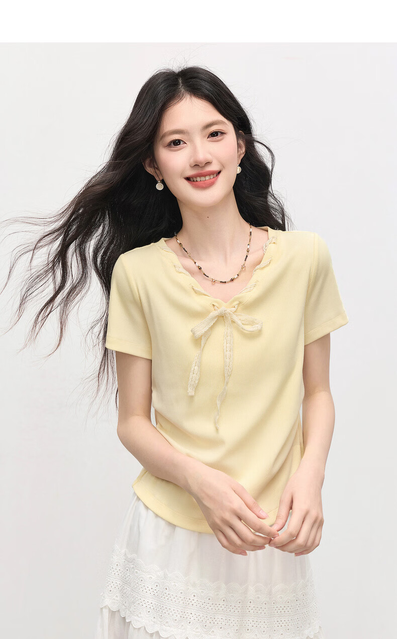 Sllsky Yellow Bow Tie V-Neck Short Sleeve T-Shirt Summer Women's Stylish Waist-Cinching Top 12