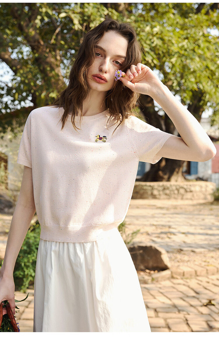 Olrain Casual Simple Color Dot Yarn Pony Embroidery Knit Pullover Women's Summer Top Yellow S 28