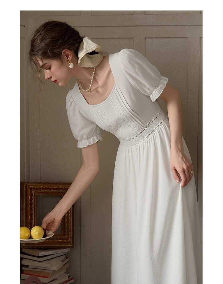 Olrain Lace Short Sleeve Square Neck Dress Summer Women's French Country Mid-Length Dress Off-White M 16