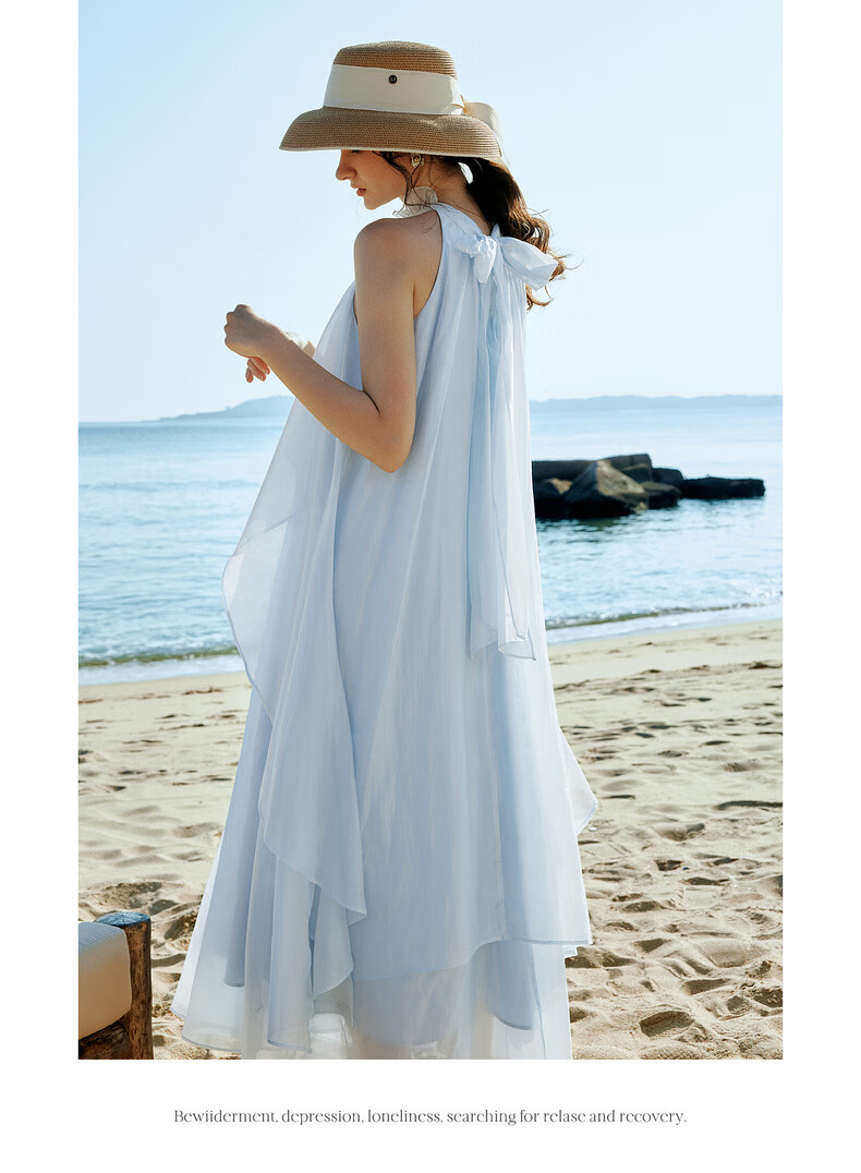 Olrain Lenzing Lyocell Summer Dress Vacation Style Women's Sheer Ruffle Halter Neck Long Dress Blue XL 14