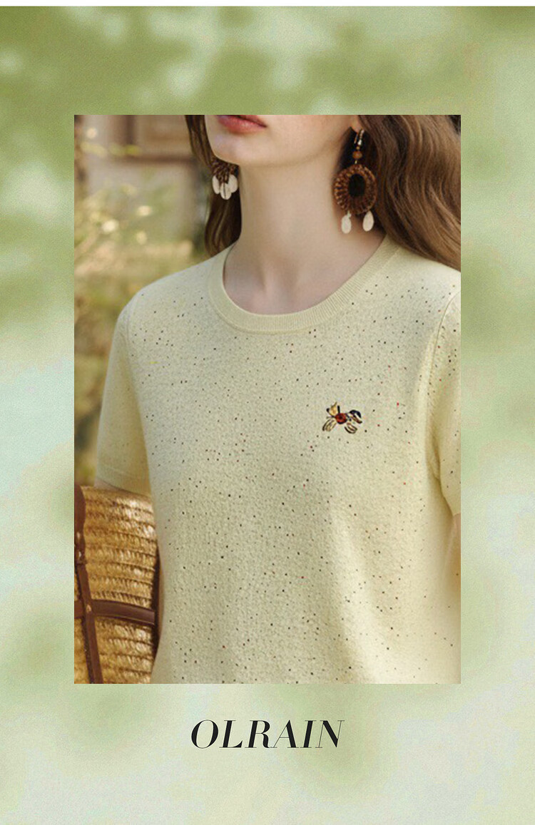 Olrain Casual Simple Color Dot Yarn Pony Embroidery Knit Pullover Women's Summer Top Yellow S 10