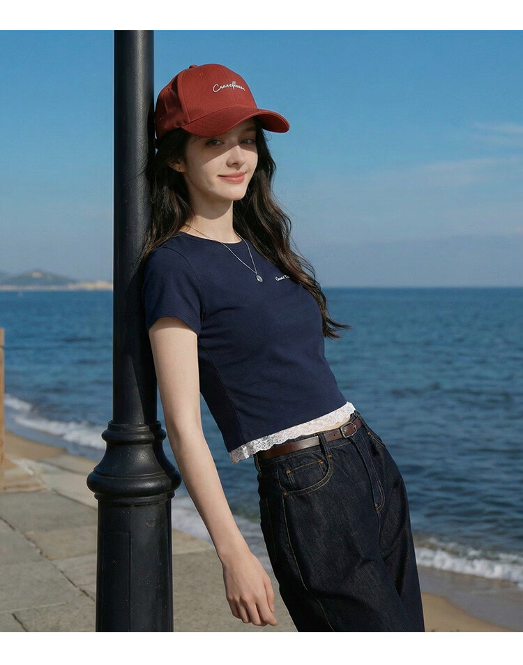 TonLion 2026 Summer New Women's Short Sleeve Slim Fit T-Shirt Navy Blue Lace Patchwork Fashion Trend 7