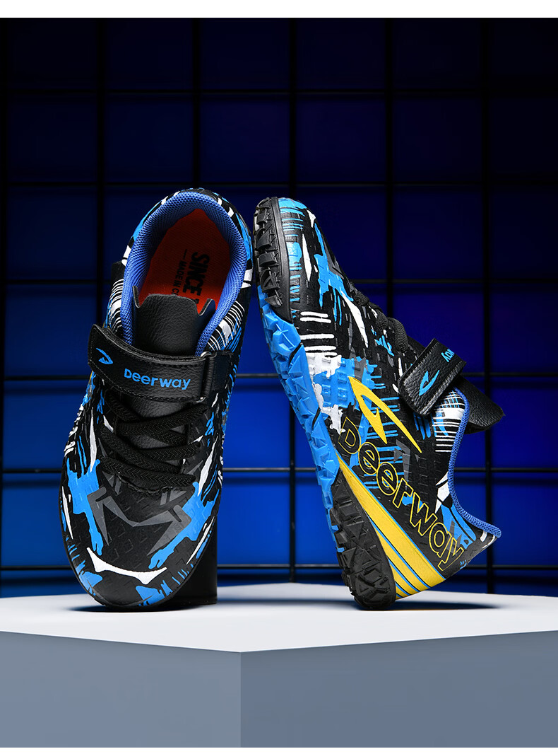 Delhui Kids Soccer Shoes TF Turf Studs 6-12 Years Old Slip-On School Grass Football Training Black Blue Yellow Size 32 20