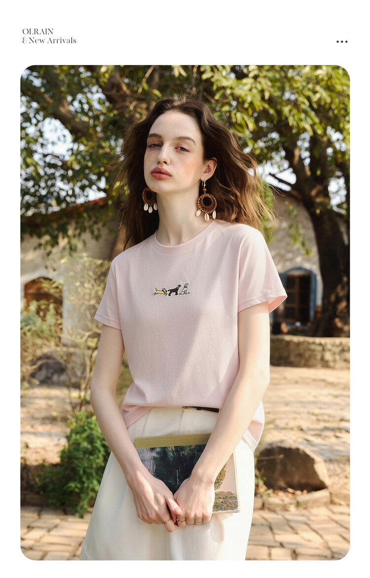 Olrain Summer Women's Casual Commuting 3D Dog Embroidery Pure Cotton Short Sleeve T-Shirt Pink XL 2