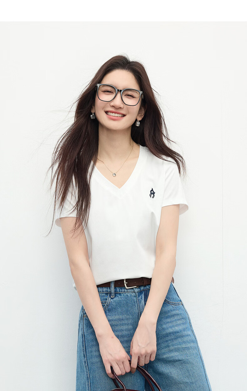 Sllsky Xinjiang Cotton V-Neck Shoulder T-Shirt Women 2026 Summer New Commuter Embroidered Short Sleeve Cool Top 17