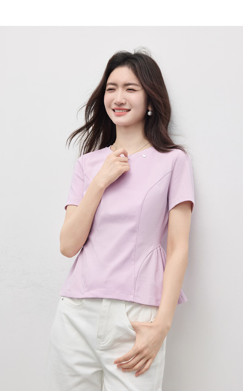 Sllsky Beautiful Pink Purple Short Sleeve T-Shirt Women Summer Round Neck Ruffle Hem Short Shoulder Crop Top 13