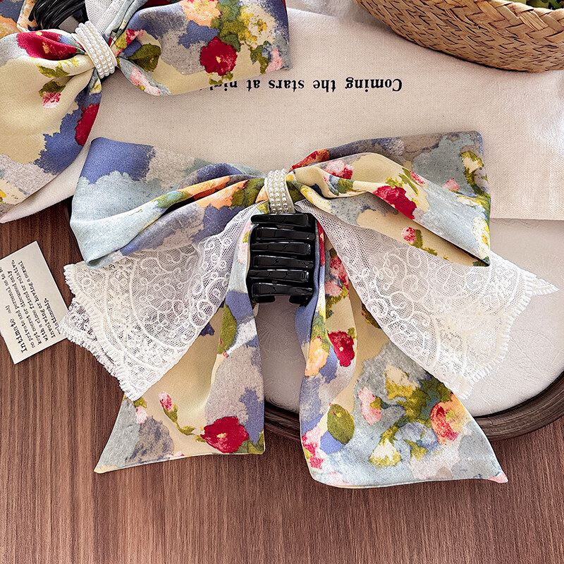 Yidier Oil Painting Style Lace Bow Ponytail Hair Claw Clip Women's Elegant Back Hair Clip Updo Shark Clip Hairpin Hair Accessory 4