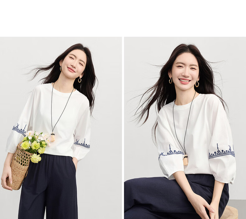 Sllsky Bohemian Embroidered White T-Shirt for Women 2026 Spring Summer New Loose Casual Three-Quarter Sleeve Top 17