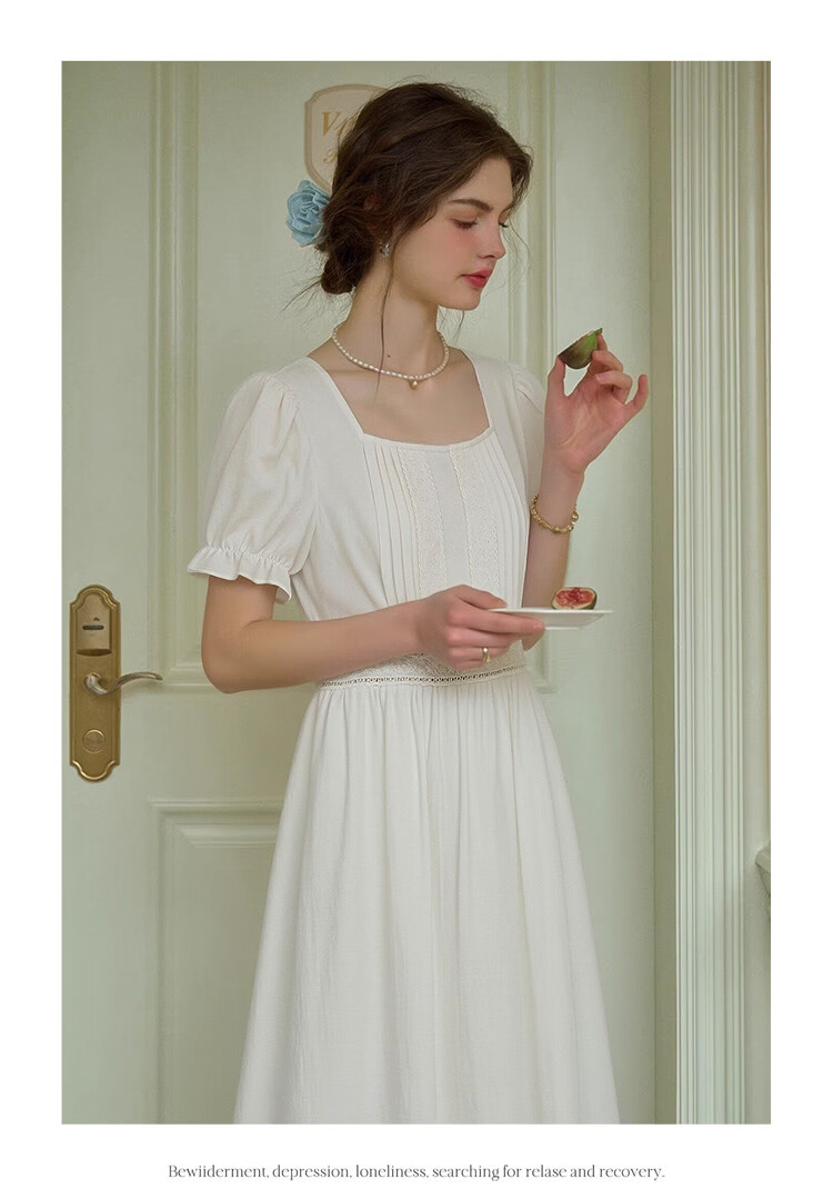 Olrain Lace Short Sleeve Square Neck Dress Summer Women's French Country Mid-Length Dress Off-White M 14