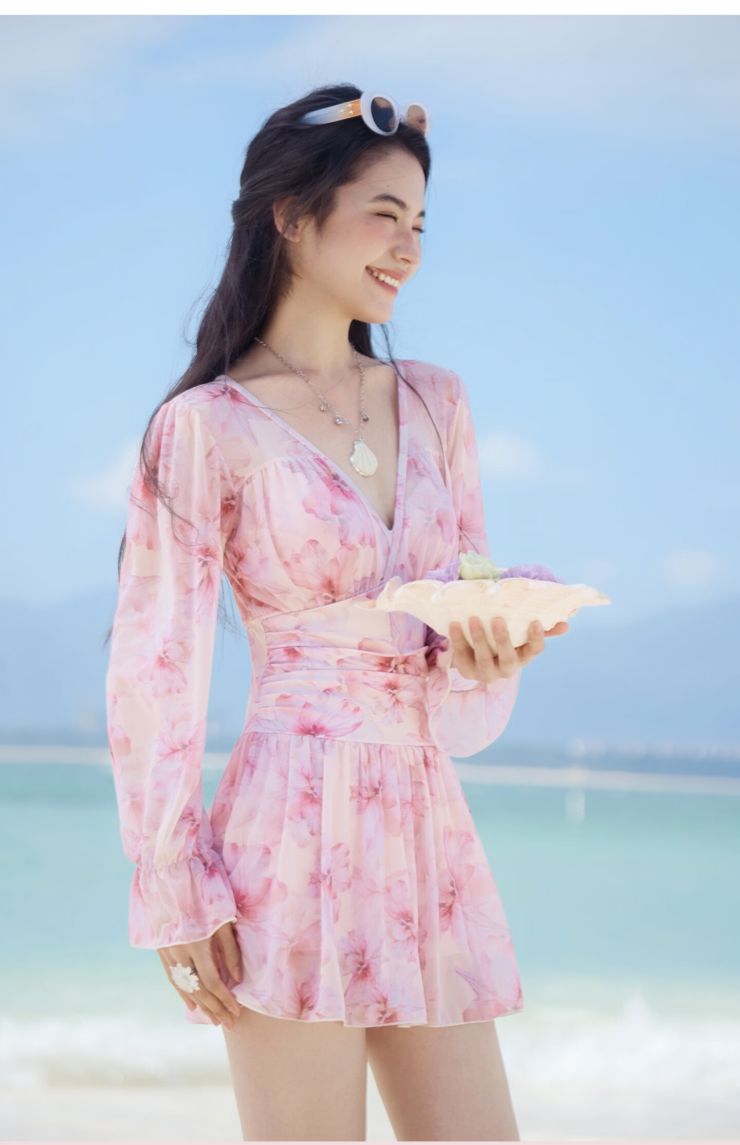 Sanqi Women's One-Piece Swimsuit Skirt Style V-Neck Tummy Control Slimming Vacation Hot Spring Long Sleeve Plus Size Fairy Style Swimwear 2XL 17