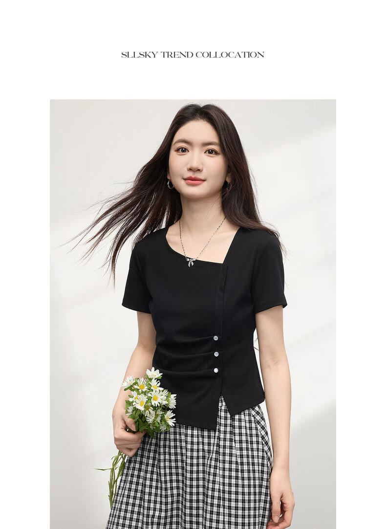 Sllsky Irregular Pleated Waist-Slimming Short Sleeve T-Shirt Women Summer Designer Short Square Neck Top 15
