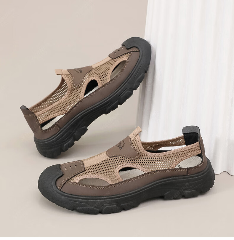 Yidisen Summer Genuine Breathable Water-Resistant Hiking Sandals for Men Hollow Out Beach Shoes Mesh Toe Cap Coffee Color Size 39 24