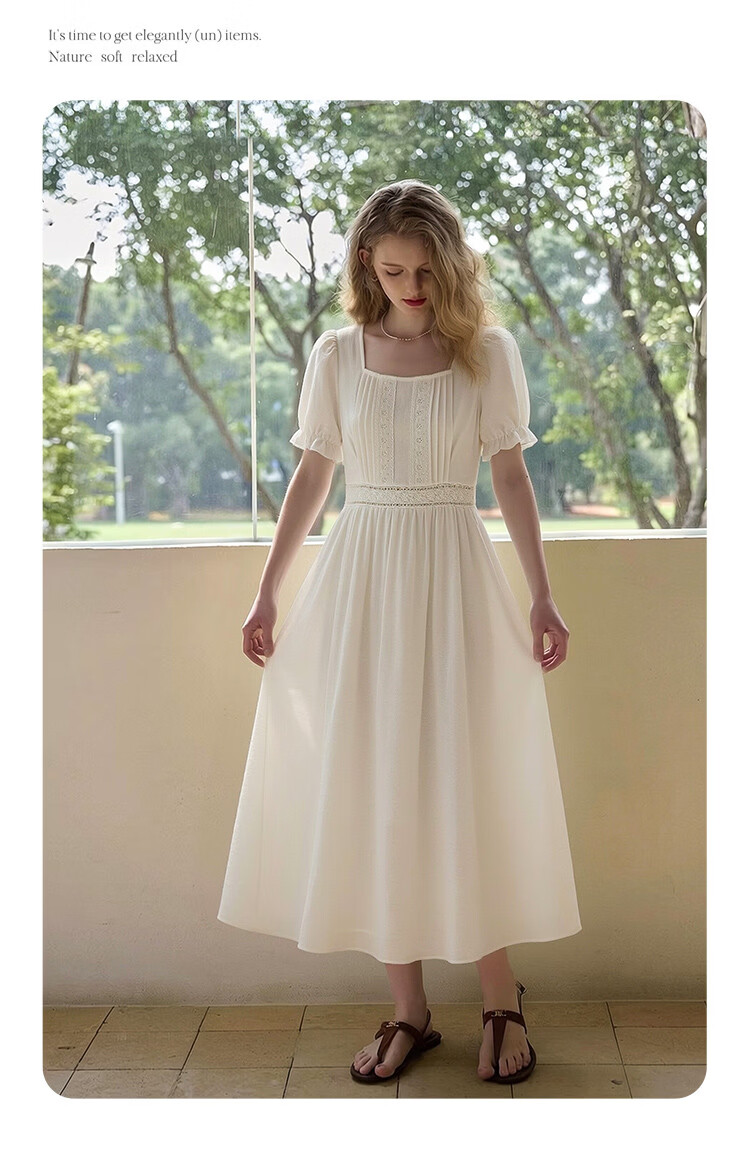 Olrain Lace Short Sleeve Square Neck Dress Summer Women's French Country Mid-Length Dress Off-White M 11